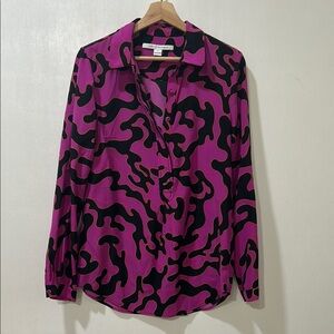 DIANE VON WOMEN PULLOVER BLOUSE  PINK BLACK LONG SLEEVE 100 % SILK Sz 6